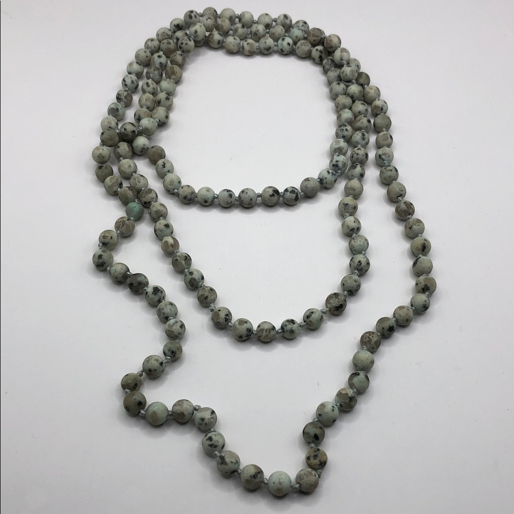 Kiwi jasper stone bead extra long 60 inch flapper necklace boho statement layer.